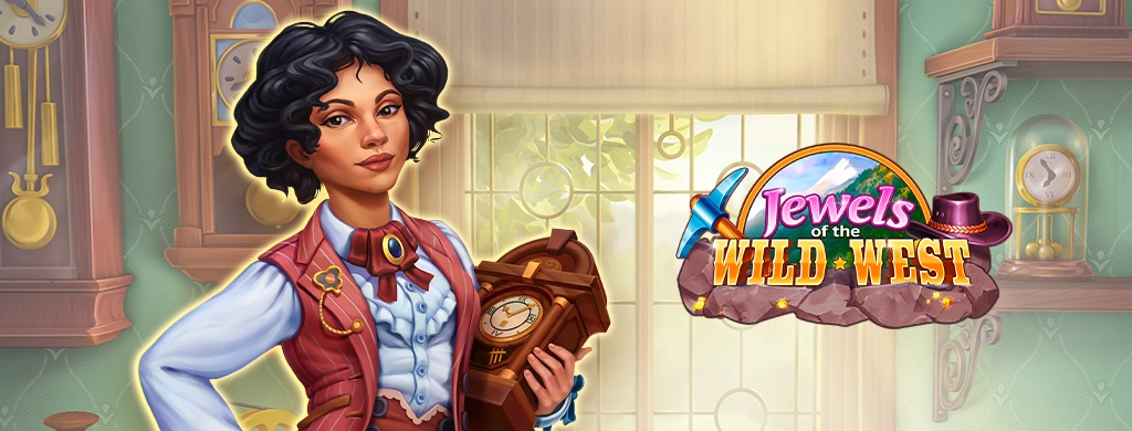 A confident young woman stands at the center of a cozy, vintage workshop filled with clocks and warm sunlight. Dressed in a stylish vest and bolo tie, she holds an ornate wooden clock with pride. Behind her, shelves lined with timepieces and soft green wallpaper set a charming, old-west atmosphere. To the right, the colorful Jewels of the Wild West logo adds a playful adventure vibe, tying the scene to the game’s spirited frontier world.