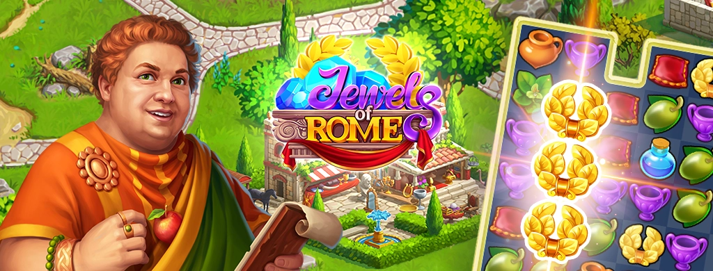 The image shows a friendly Roman character holding a scroll and an apple, standing in a bright, green ancient-Roman settlement. The Jewels of Rome logo appears in the center, and on the right side, a match-3 game board is displayed with highlighted laurel-wreath tiles forming a match.