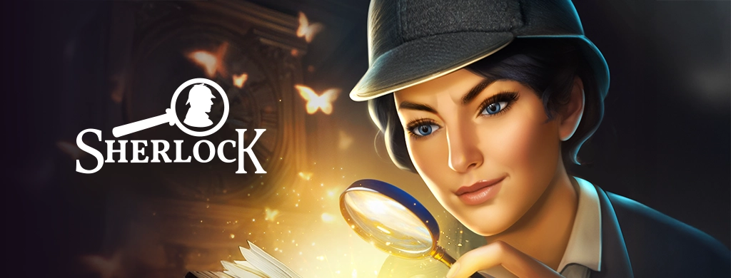 A brilliant young detective leans over an open book, her blue eyes sharpened with curiosity as she studies a glowing clue through a magnifying glass. Soft golden light illuminates her focused expression, while fluttering paper butterflies drift in the background, adding a touch of mystery. Wearing a classic Sherlock-style cap, she embodies intelligence, elegance, and determination — the perfect symbol of the Sherlock adventure.