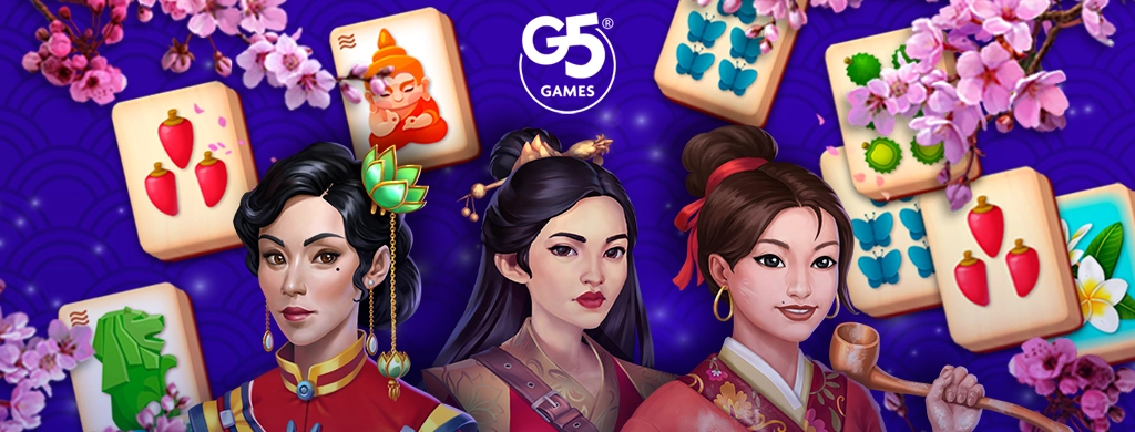 Three confident heroines stand at the center of a blossoming spring scene, framed by delicate cherry blossoms and colorful mahjong tiles. Each woman carries her own style and strength — from regal elegance to calm determination and cheerful charm. Behind them, vivid symbols and lucky motifs shine against a deep violet backdrop. It’s a world of beauty, strategy, and mystery brought to life by G5 Games.