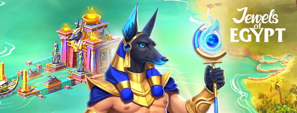 The artwork shows Anubis standing before an ornate riverside temple. The scene highlights the vibrant colors, architectural details, and mythological influences that define Jewels of Egypt.