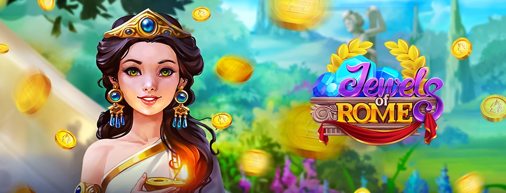 The image features a young woman dressed in elegant ancient-style clothing and jewelry, adorned with blue gemstones in her crown and earrings. She stands outdoors in a bright, colorful landscape with trees and distant hills. Golden coins are shown floating around her. On the right side of the image is the Jewels of Rome logo, placed against a blurred natural background of greenery and flowers.