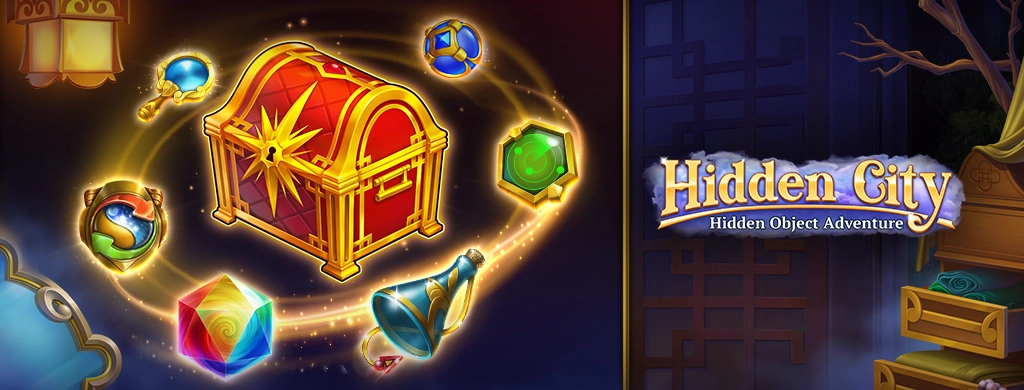 A glowing treasure chest hovers at the heart of a magical swirl, surrounded by shimmering artifacts — sparkling gems, enchanted bottles, ancient amulets, and curious relics. Each item radiates mystery and promise, hinting at secrets waiting to be uncovered. On the right, the Hidden City: Hidden Object Adventure title invites players into a world where every discovery leads to new wonders and untold stories.